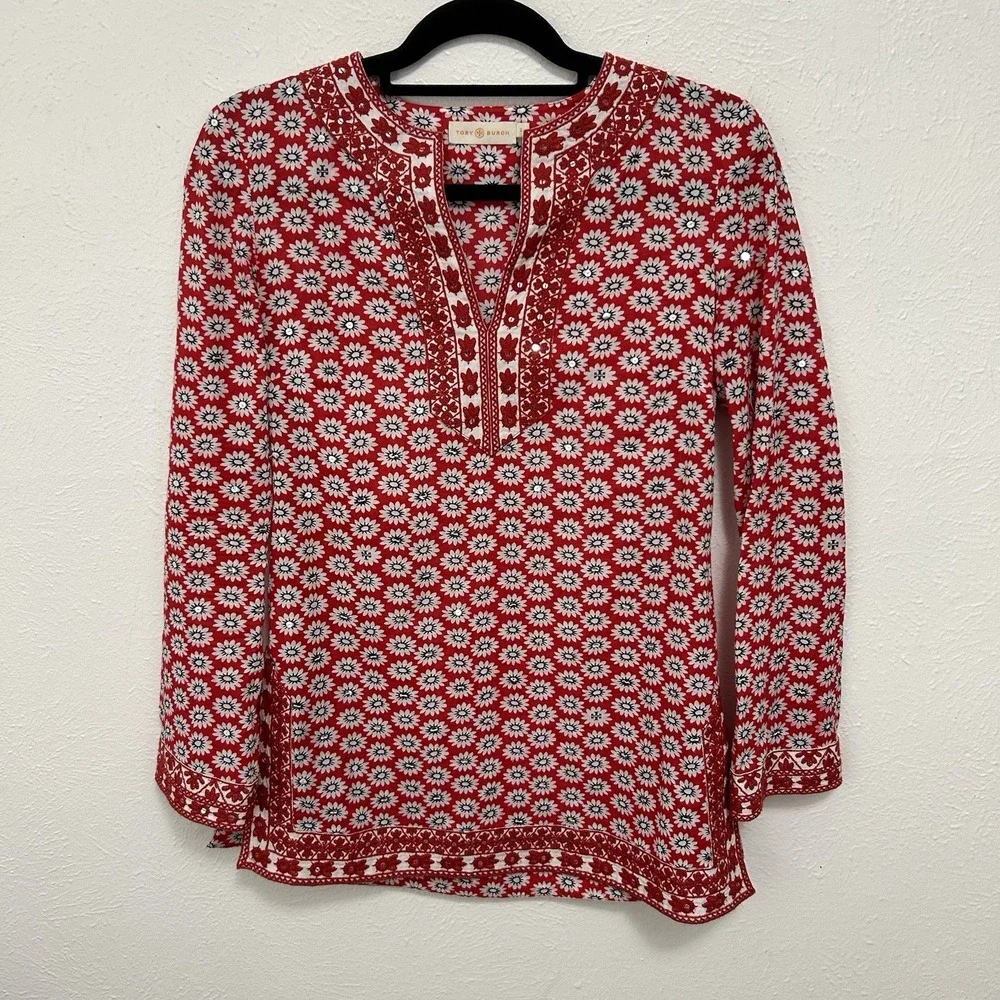 Tory Burch Jayne‎ Mod Flower Embroidered Tunic Top Size 2 Cotton Red Floral Boho